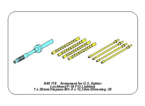 Armament for U.S. fighter Lockheed P-38 F/G Lighting: 1 x 20mm & 4x 12,7mm gun barrels - Aber Models