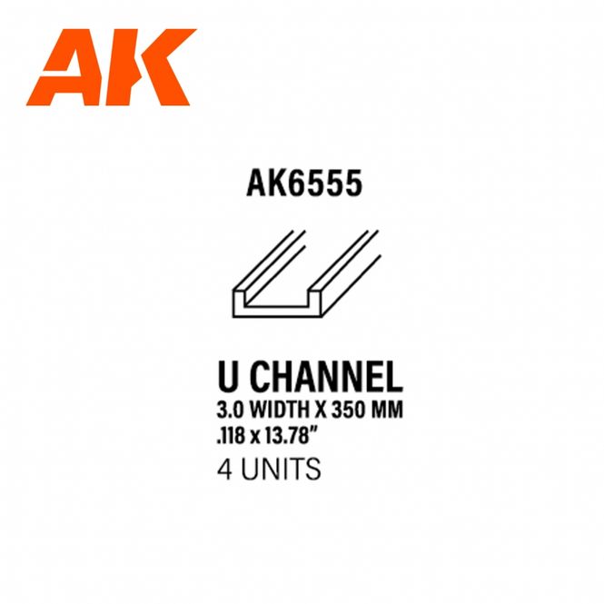 Main Image U Channel 3.0 width x 350mm - STYRENE STRIP